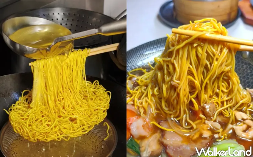 ▲漂浮飛天廣炒麵使用雞蛋生麵先炸過，接著淋上海鮮餡料。（美食好芃友提供）