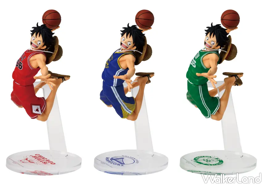 ▲航海王NBA聯名限定公仔，魯夫穿上洛杉磯湖人、芝加哥公牛等6款球衣造型。