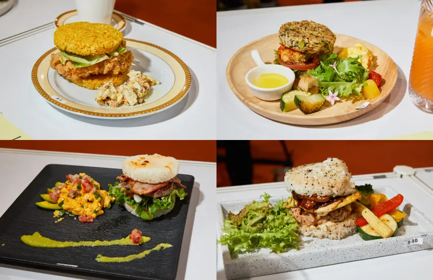 ▲美國稻米創意米漢堡早午餐挑戰賽中,各個米漢堡的製作成品