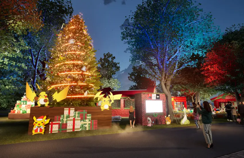 ▲高聳的「閃亮放電聖誕樹」,這棵特別的聖誕樹以超級雷丘X和超級雷丘Y為中心,集結了皮卡丘、咚咚鼠、咩利羊等各種電系寶可夢。