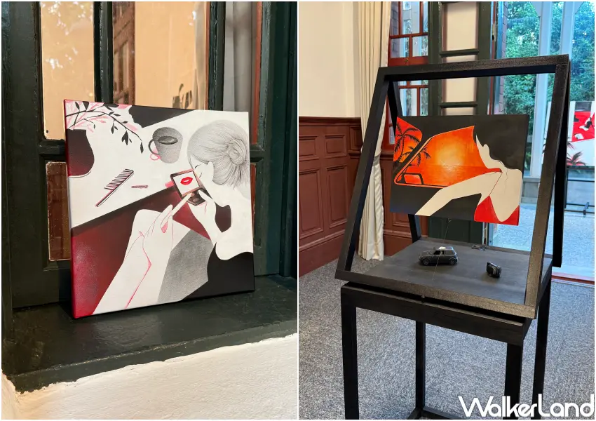 ▲圓山站免費展展出一系列以黑、白、紅為主色的獨處女子畫作,摩登復古感十足。(攝影:鄭亦庭)