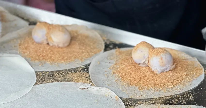 礁溪排隊小吃美食！吳記花生捲冰淇淋 50元銅板價、吃得到芋頭顆粒，柯氏蔥油餅一起吃。