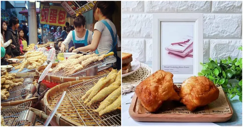 ▲渡船頭老街必吃美食！外酥內軟的姊妹雙胞胎、現炸Ｑ彈的許家花枝燒，都是記憶中的八里經典滋味。