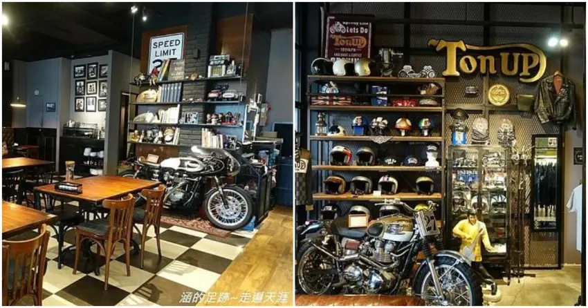 ▲「Ton Up Café」滿牆的復古安全帽與棋盤格地板，以及濃厚的英倫工業風設計，都是重機迷不可錯過的朝聖細節。（部落客：涵的足跡~走遍天涯）