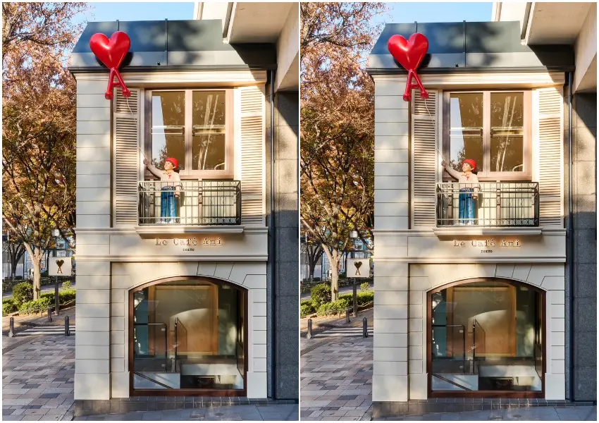 ▲門口最醒目的裝置，是一個手握紅色氣球的小男孩雕塑，氣球上印著AMI Paris的經典愛心標誌。