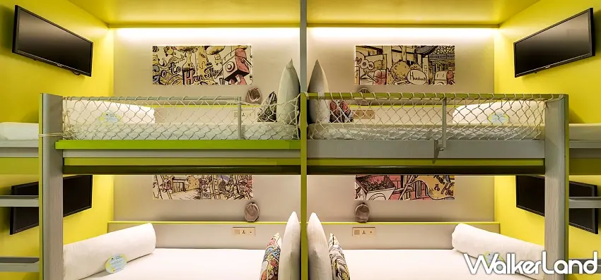 ▲四人房採用獨特的上下舖設計，空間營造出 1950 年代銀行懷舊氛圍，讓旅客感受在金庫住一晚的獨特體驗 圖／(天成文旅-華山町)提供；窩客島整理