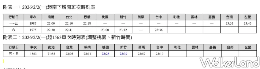 ▲高鐵夜間班次增班次時刻表。
