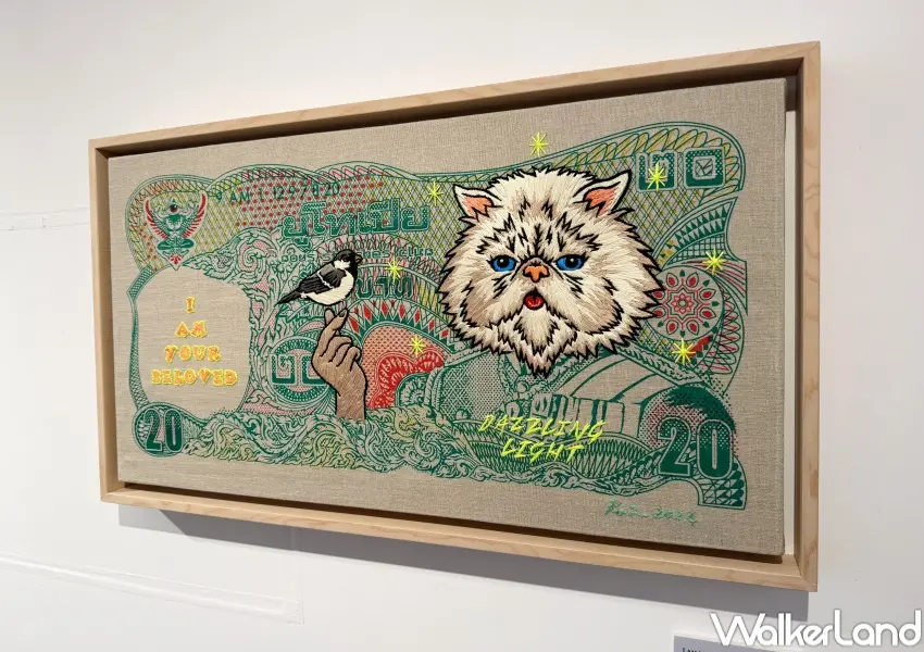 ▲南京復興站展覽！必拍高木耕一郎「刺繡鈔票」系列。(攝影：鄭亦庭)