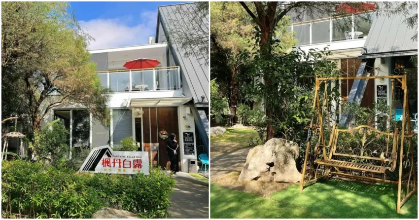 ▲被綠意包圍的白色玻璃屋「楓丹白露 Café」，庭園裡還有一座愜意的搖椅，是享受午後寧靜時光的絕佳去處。