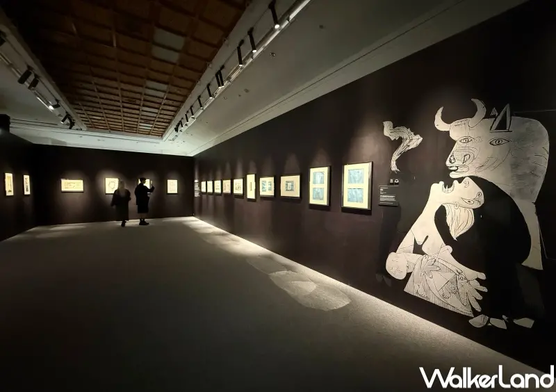 ▲台北沈浸式畢卡索展覽必看反戰巨作《格爾尼卡》展區，現場展出42幅創作草圖。(攝影：鄭亦庭)