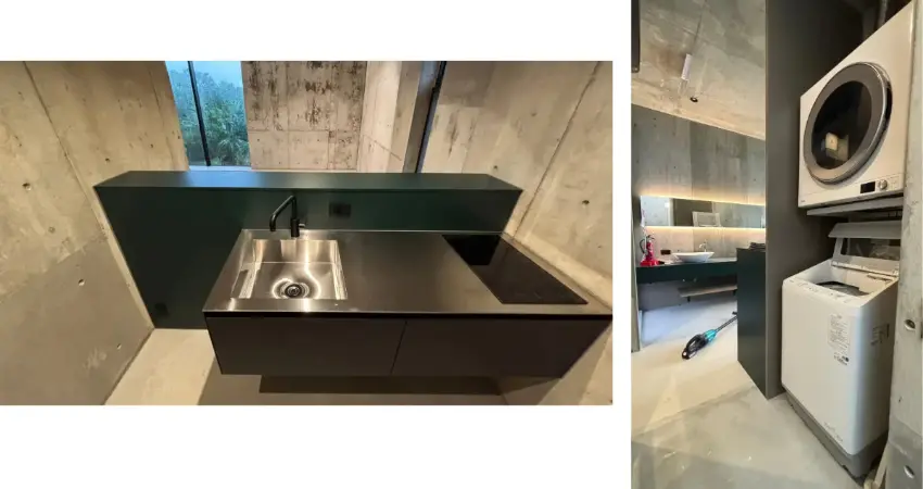 ▲設有廚房、餐具、冰箱、洗衣機、瓦斯烘衣機,可供長期住宿。