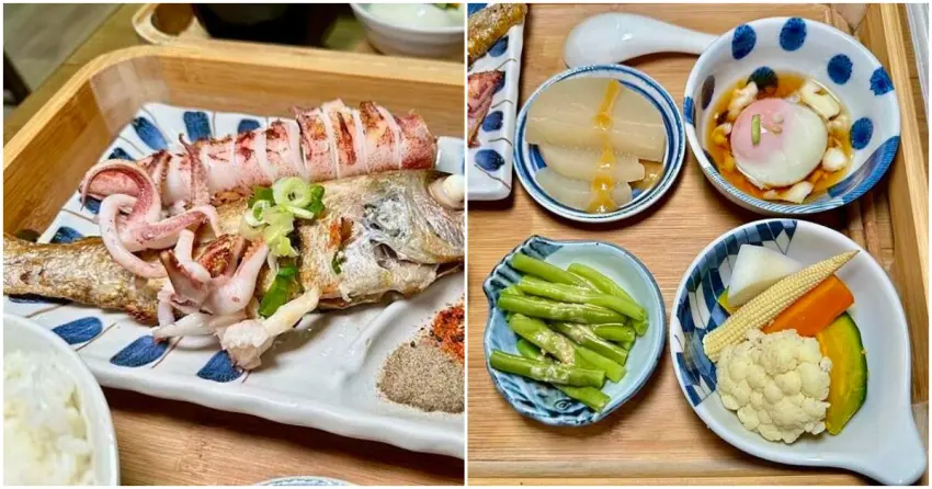 ▲每日限量的現流美味！里海咖啡的招牌定食，除了鮮嫩的烤魚，還有一整尾透抽，搭配豐富的日式小菜，絕對讓海鮮控們大飽口福！（部落客：蛋寶趴趴go）
