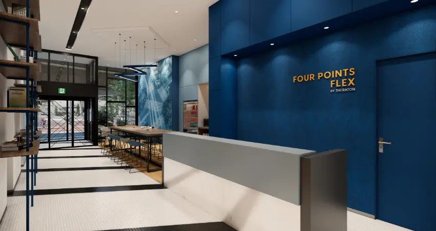 ▲飯店一樓設有備品吧台，備品包裝採用0.04毫米薄膜，講求環保以減少碳排放；交誼廳則設有18個座位，適合數位遊牧或遠端辦公的人。