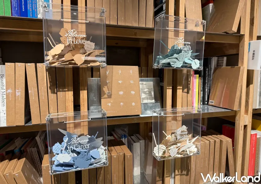 ▲後方書牆設有4款小花紙條，可以寫下2026年的願望並投入主題框。(攝影：鄭亦庭)