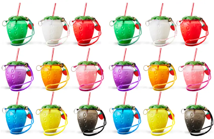 ▲全九種顏色的草莓造型容器讓你選，紅色、藍色、綠色通通有，裝的是濃到不行的甘王草莓牛奶。
