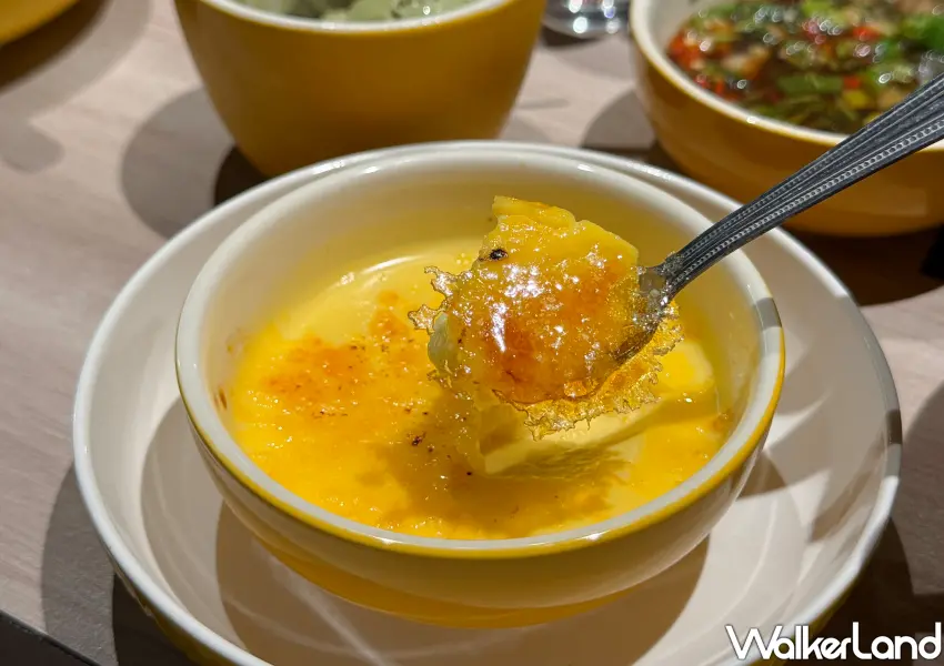 ▲雞湯大叔飯後甜點推經典法式甜點「烤布蕾」以砂糖炙燒出金黃脆殼。(攝影:鄭雅之)