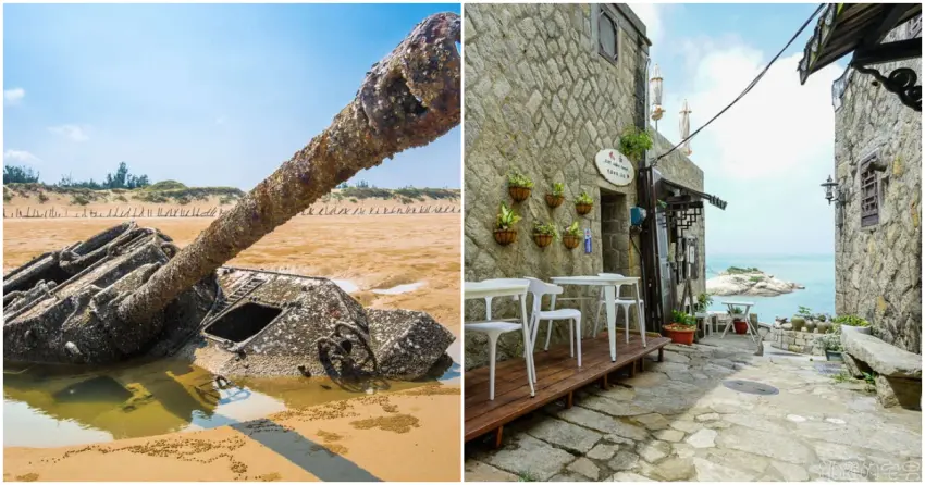 ▲金門歐厝沙灘上退潮才現身的「沈睡戰車」，帶有獨特的末日孤寂感；而馬祖「芹壁聚落」依山而建的石頭屋，則展現濃厚的異國情調。
