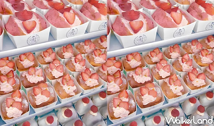 ▲全台首創口感神作，整顆生甜甜圈包進麻糬的雪藏草莓大福。圖／雪系町生ドーナツ提供；窩客島整理