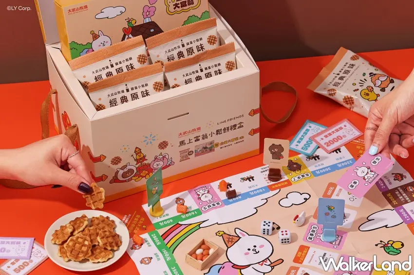 ▲以「開盒開財運」為概念打造的 「馬上富翁小鬆餅禮盒」,外盒設計以寶箱為靈感,象徵開啟金蛋財富。圖/大武山牧場提供;窩客島整理