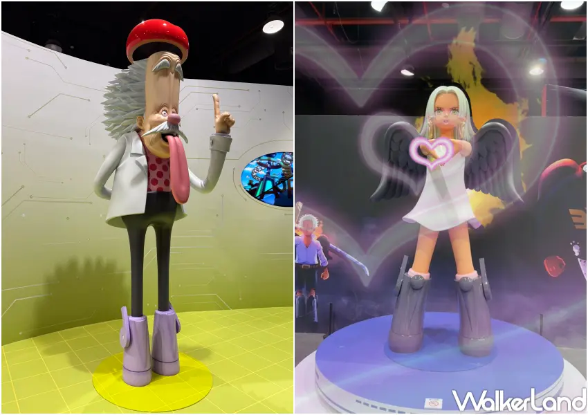 ▲航海王25週年特展蛋頭篇展區必拍！貝卡帕克與「S-蛇」熾天使等身模型，還有招式「甜風」VR體驗。(攝影：鄭亦庭)