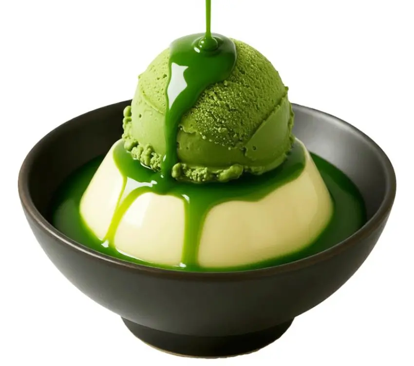 ▲抹茶布丁搭配抹茶冰淇淋，茶味濃重，附抹茶醬可以再額外淋上。