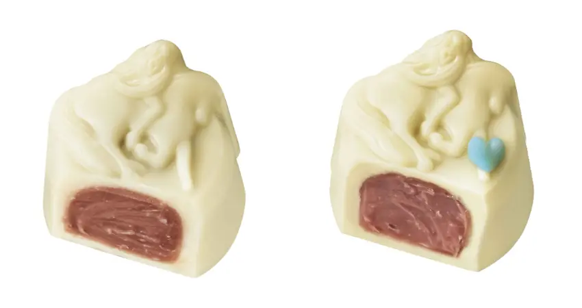 ▲打開若看到Lady Godiva造型白巧克力上有淡藍色愛心即為中獎，象徵2026年都會順利。