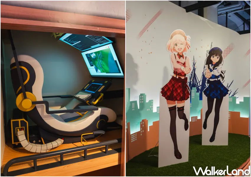 ▲動漫迷必逛！松菸Lycoris Recoil 莉可麗絲特展展出劇中經典場景、展覽限定周邊小物。