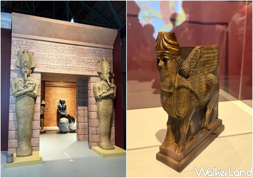 ▲華山古文明展必拍打卡點！現場打造亞述古代宮殿、拉馬蘇守護神獸等復刻文物展示。。(攝影：鄭亦庭)