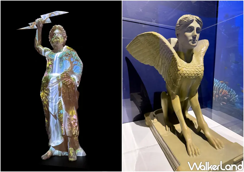 ▲華山古文明展地中海展區！展現宙斯雕像搭配投影，現場也有斯芬克斯等復刻文物。(攝影：鄭亦庭)