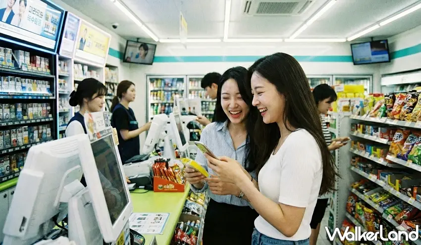 ▲民眾在韓國超商使用手機掃碼支付的情境。圖/AI生成;窩客島整理