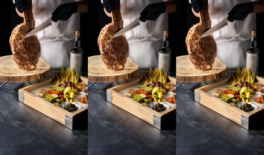 ▲一道令肉食主義者為之瘋狂的「粵式慢火戰斧牛」。圖／台北六福萬怡酒店提供；窩客島整理