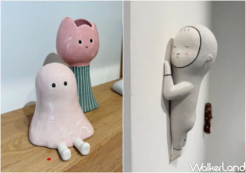 ▲免費逛台北療癒系陶偶展！多種造型陶偶陳列，有些陶偶甚至直接貼在牆面上。(攝影：鄭亦庭)