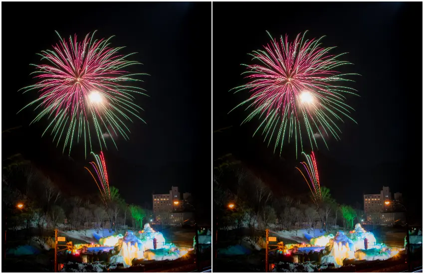 ▲冰瀑祭期間每晚8點半都會施放煙火，與冰雕的七彩燈光形成強烈對比。