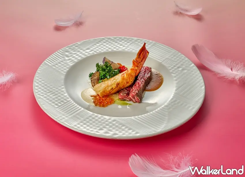 ▲主菜「海陸雙重奏」嚴選澳洲M9和牛肋眼搭配香煎彈牙龍蝦，是情人節最奢華的味蕾享受。圖／台北美福大飯店提供；窩客島整理