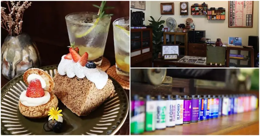 ▲在老相館裡竟然能喝下午茶！看著架上琳瑯滿目的底片膠卷，吃一口綿密的戚風蛋糕配氣泡飲，滿滿昭和復古情懷，正是夏全開最迷人的招牌。