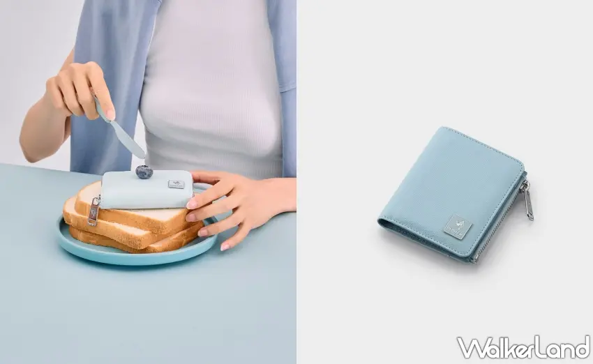 ▲MORI系列雙折零錢短夾結合金屬識別LOGO，在輕霧藍的襯托下更顯復古優雅質感。圖／PORTER INTERNATIONAL提供；窩客島整理