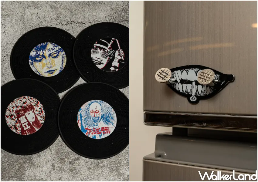▲伊藤潤二快閃店周邊推薦必買黑膠唱片杯墊、雙一磁鐵。