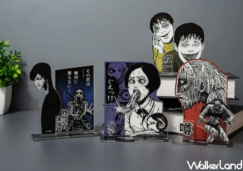 ▲夢時代伊藤潤二快閃店周邊!鐵粉必收富江、蛞蝓少女、雙一與押切壓克力人形立牌。