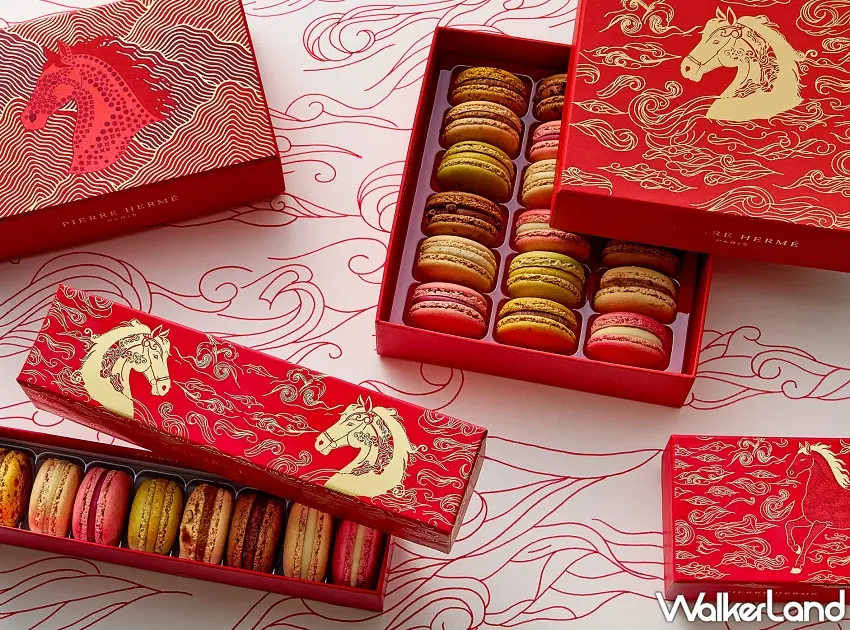 ▲全系列馬年限定禮盒運用流暢線條描繪風的軌跡,象徵新的一年乘風破浪、自在新生。圖/PIERRE HERMÉ PARIS提供;窩客島整理