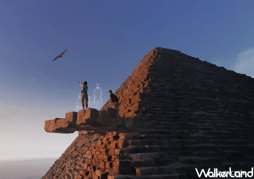 ▲松菸VR展覽《消失的法老》體驗會有貓神芭絲特化身成黑貓形象現身，帶你進入金字塔王后密室、頂端。