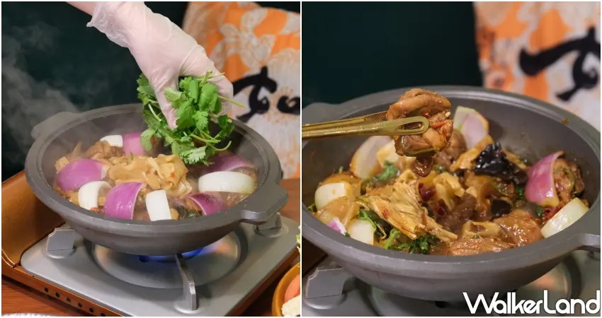 ▲一鍋兩吃的「港式雞煲」上桌會先加入一大把香菜入鍋拌炒。(攝影:鄭雅之)