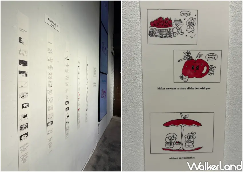 ▲台北免費展覽!在咖啡廳牆面上展出藝術家peiyuuuue可愛插畫分格漫畫。(攝影:鄭亦庭)