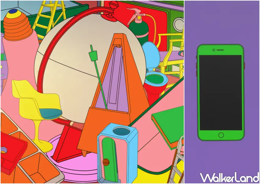 ▲麥可．克雷格－馬丁《吸氣／呼氣》，2002/麥可．克雷格－馬丁《無題（iPhone）》，2014， © Michael Craig-Martin. 藝術家版權所有，攝影：Mike Bruce，圖片提供：高古軒。