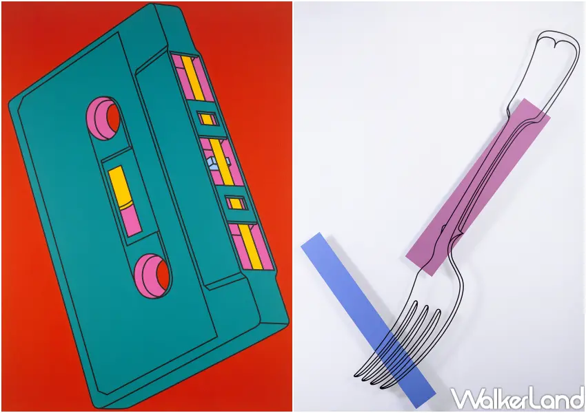 ▲麥可．克雷格－馬丁《錄音帶》，2002/麥可．克雷格－馬丁《海鮮》，1984，沃庫畫廊，倫敦  © Michael Craig-Martin. 藝術家版權所有，圖片提供：藝術家、高古軒。