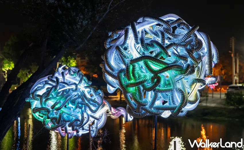 ▲交錯的發光管狀線條，如同流域般象徵著河川生命力的流動。 圖／邱杰森＆莫珊嵐提供；窩客島整理