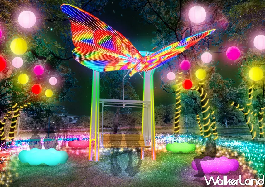 ▲最吸睛的蝴蝶翅膀互動盪鞦韆，讓民眾在晃動間彷彿化身光影蝴蝶，就在是未來光域燈區中。