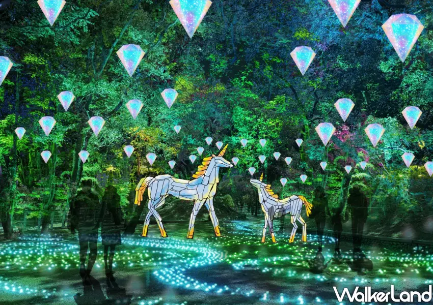 ▲走入宛如精靈森林般的夢幻光域，草皮上立著幾何飛馬燈飾，天空懸掛著閃耀鑽石，彷彿置身於異世界場景。