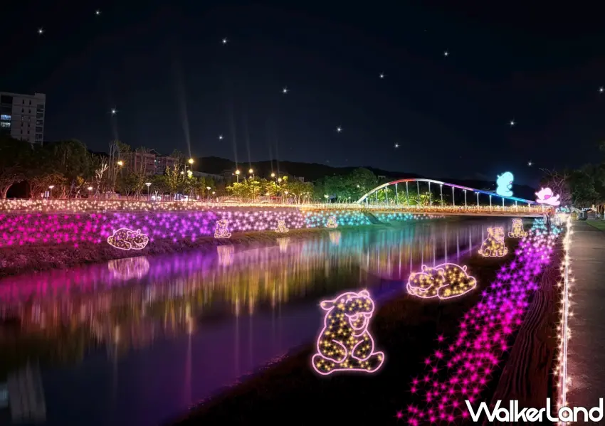 ▲南崁溪水岸邊點滿了可愛的河馬燈飾，倒映在水面上的彩色光影交織出最夢幻的水岸廊道。