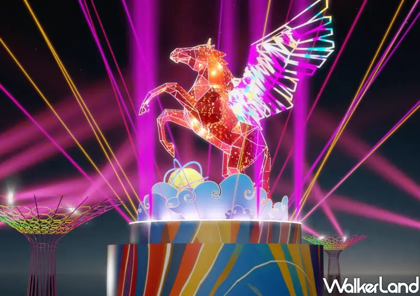 ▲全台首座 13 米高全金屬飛馬主燈震撼亮相，搭配華麗雷射光束與雲朵造型基座，展現桃園國門之都的霸氣美感。