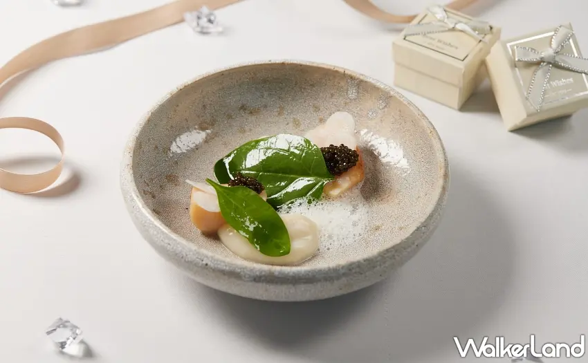 ▲前菜提供干貝搭配魚子醬與大根，展現海味的純淨鮮甜 。圖／美享地牛排館提供；窩客島整理